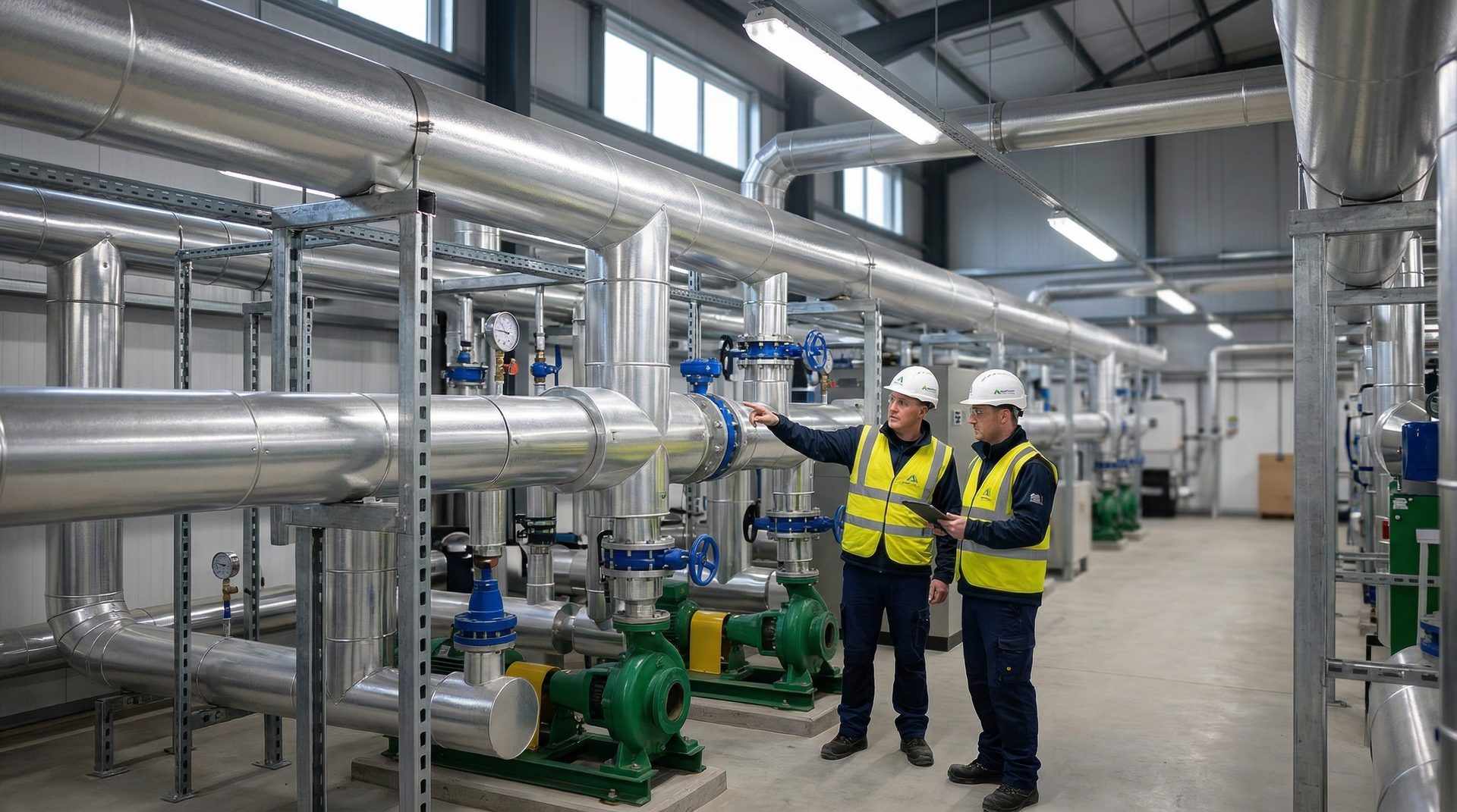 Two insulation workers inspecting completed aluminium-clad pipework in a commercial plant room