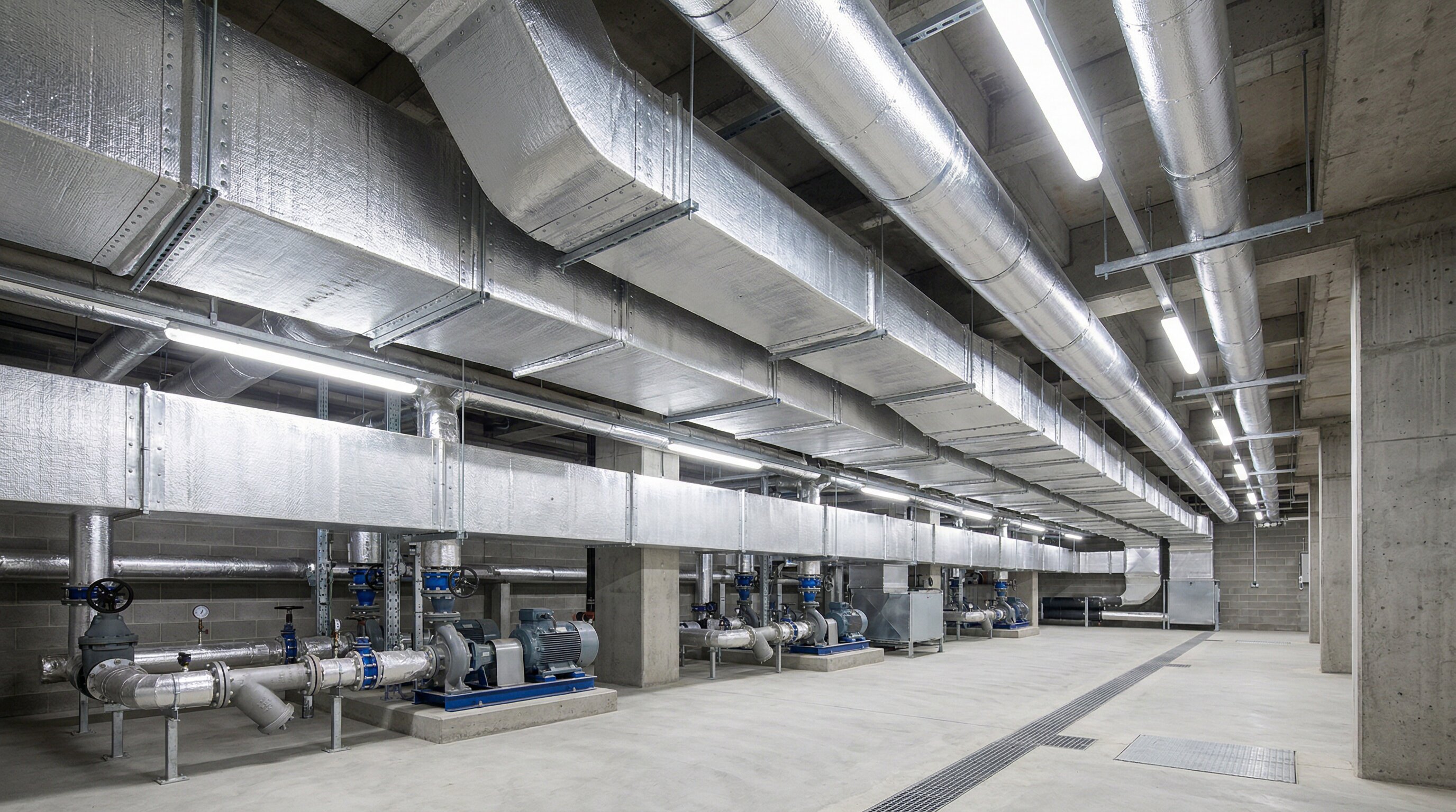 Acoustic insulation wrapped around ductwork in a mechanical plant room, with aluminium cladding and mineral wool visible