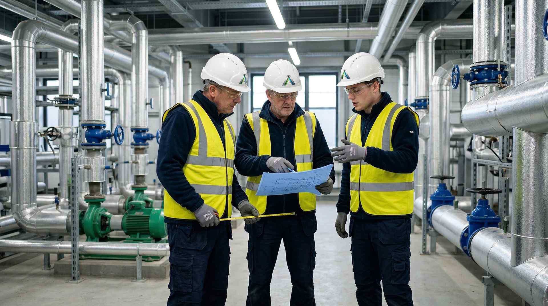 Three insulation workers in navy coveralls collaborating on pipe insulation in a commercial plant room