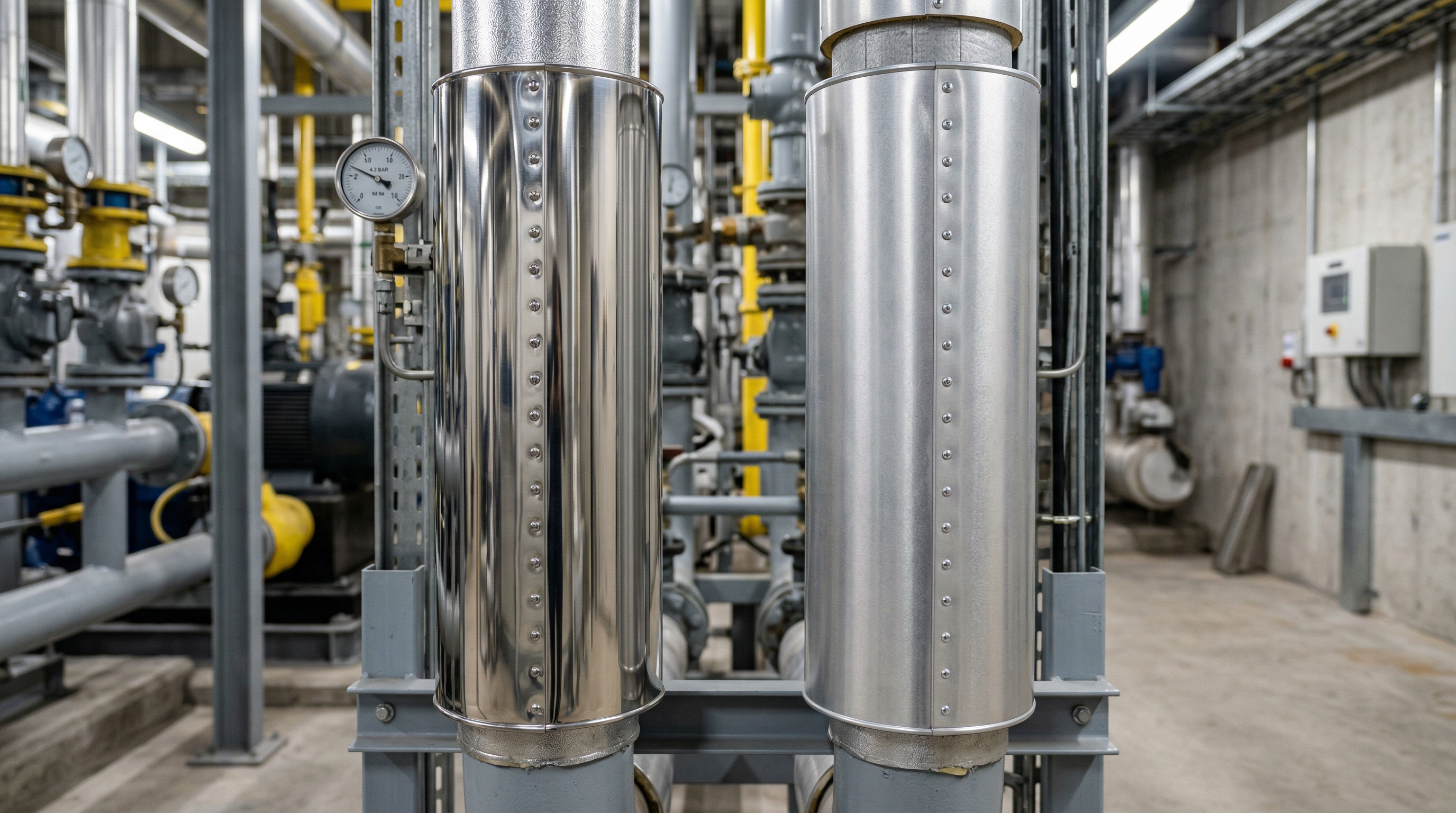 Close-up comparison of stainless steel and aluminium pipe cladding on insulated industrial pipework