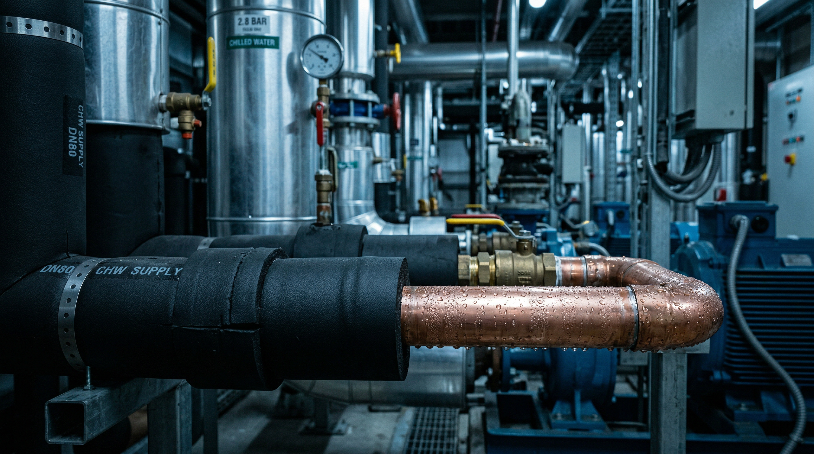 Chilled water pipework insulated with Armaflex elastomeric foam showing condensation forming on an adjacent uninsulated section