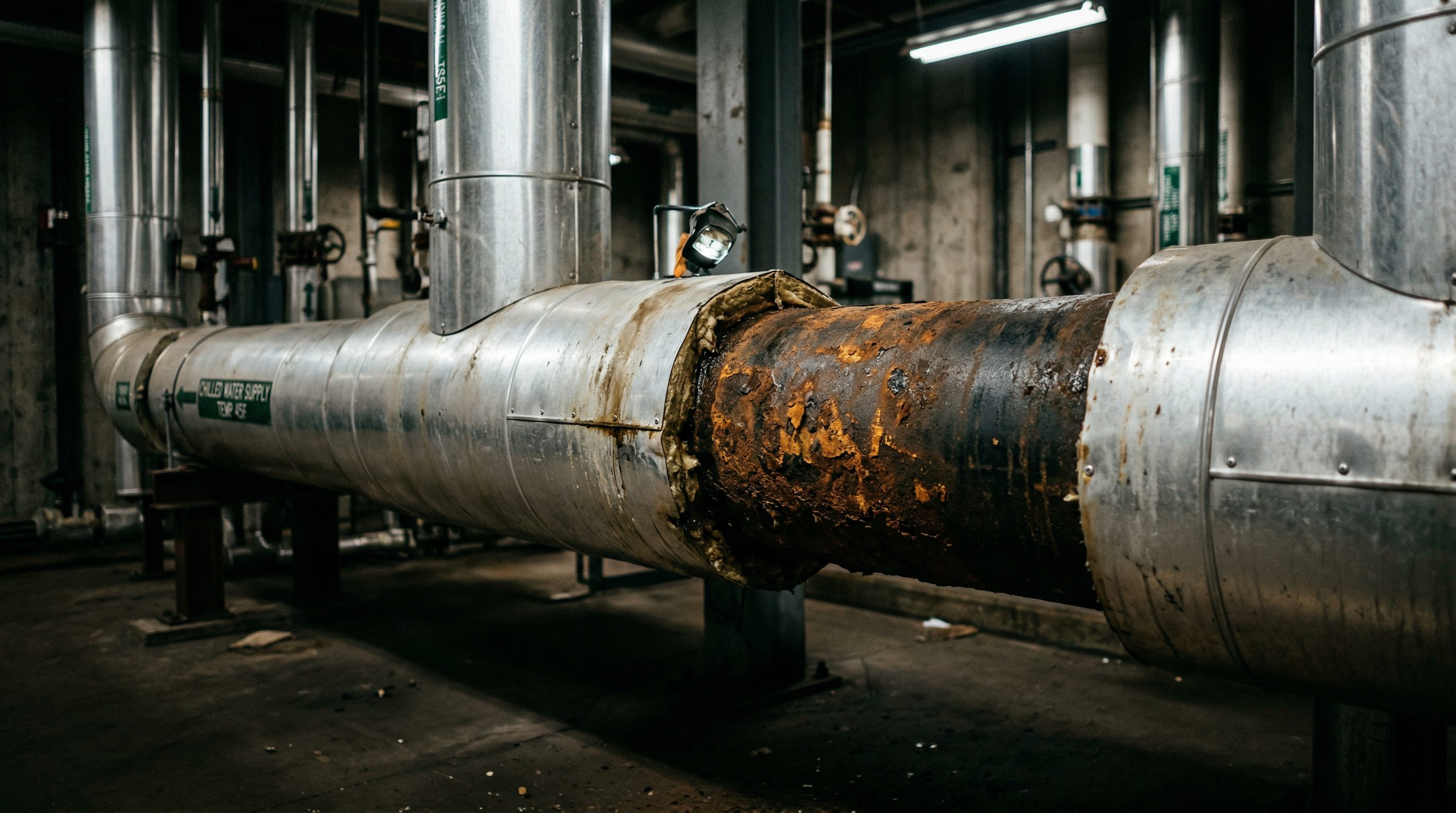 Corroded pipe beneath aluminium insulation cladding