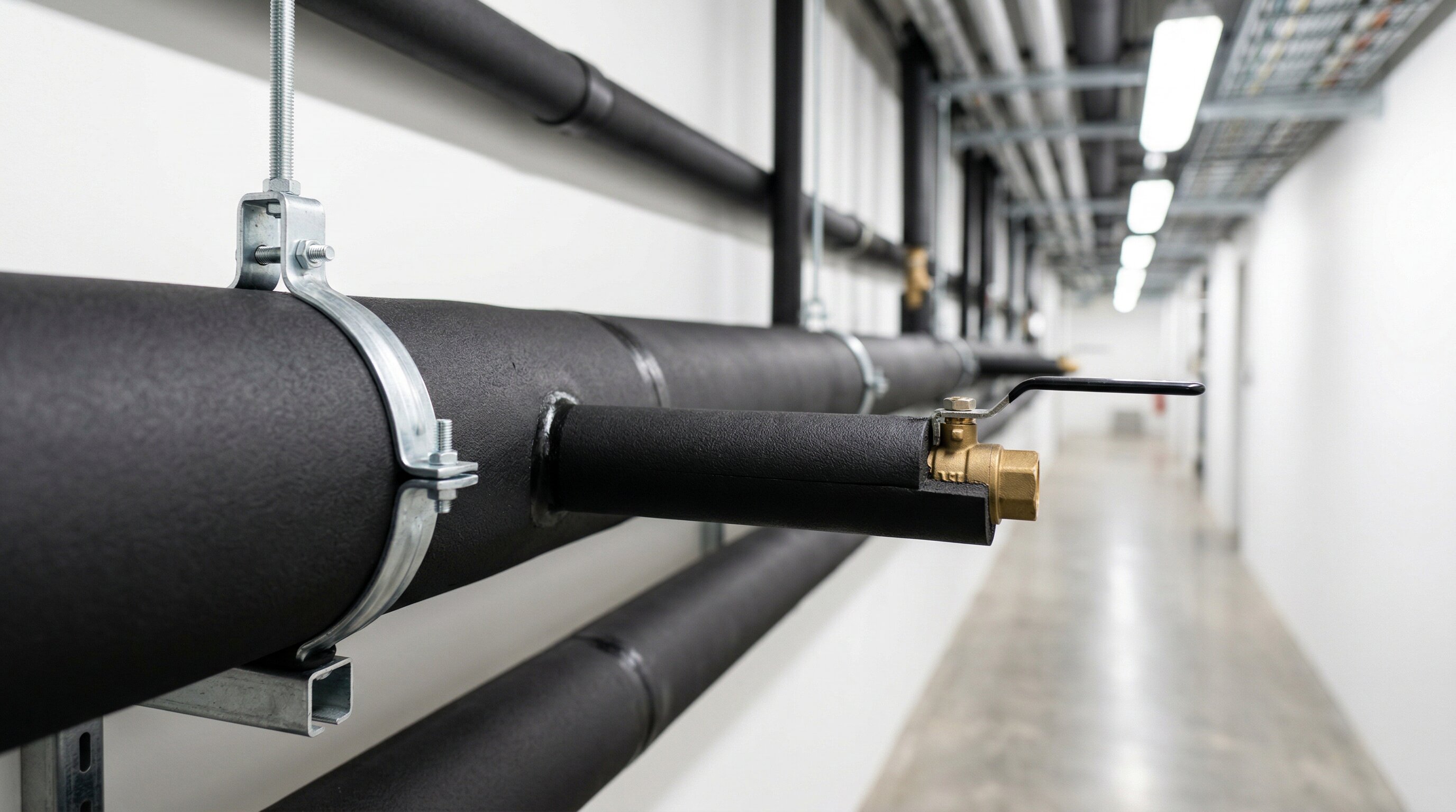 Aluminium-clad chilled water pipework running through a data centre mechanical plant room
