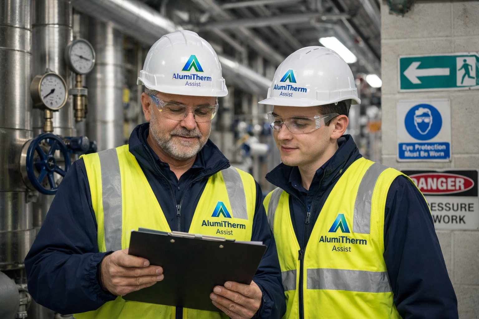 Two Alumitherm insulation workers reviewing risk assessment documentation in a commercial plant room, wearing full PPE including hi-vis vests, hard hats, safety glasses, and gloves