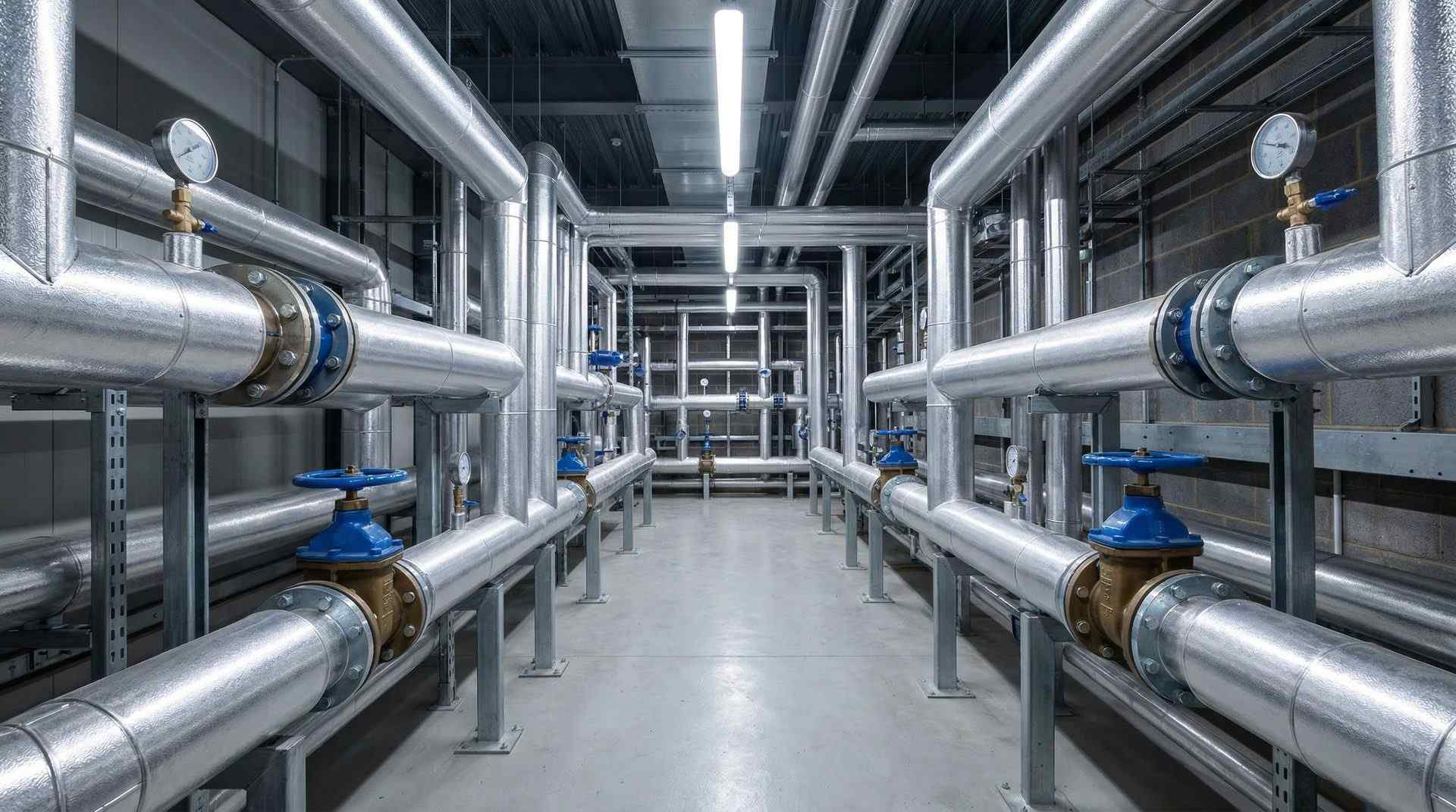 Symmetrical view of aluminium-clad pipework in a commercial plant room corridor