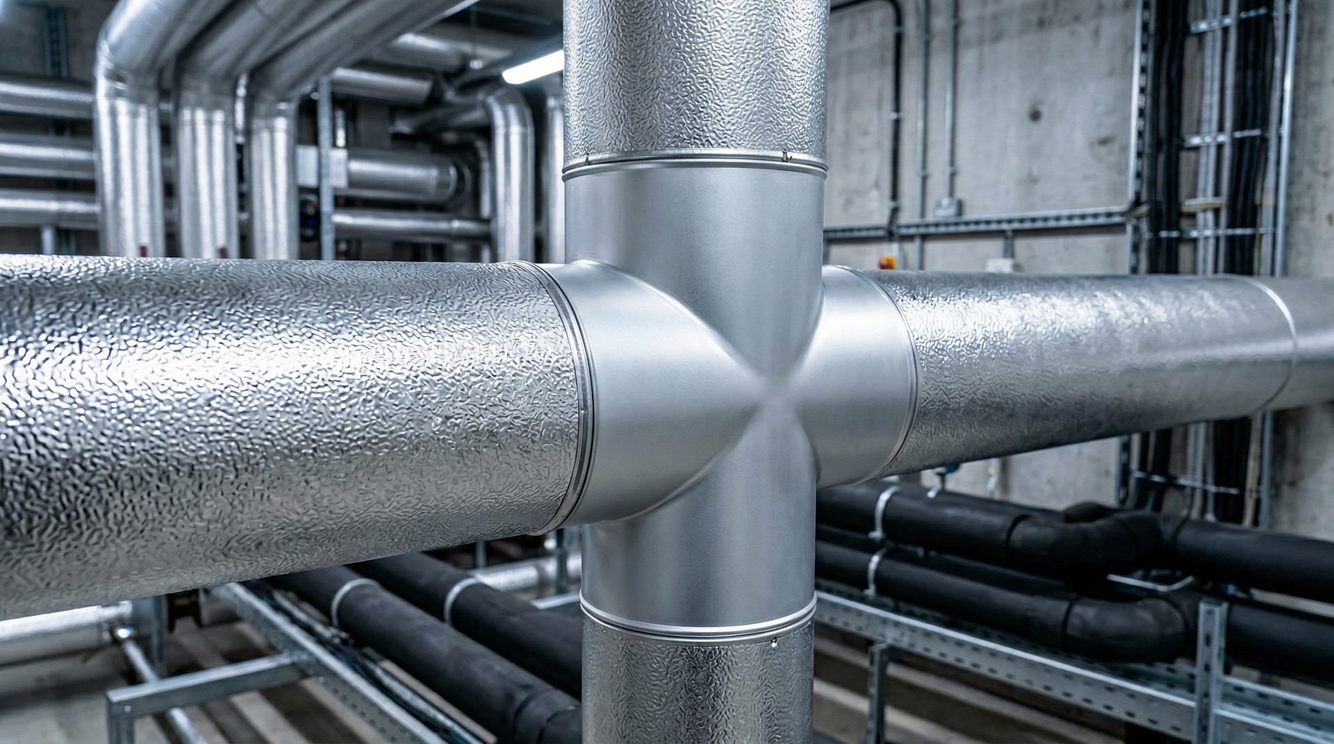 Stucco aluminium cladding on insulated pipe T-junction — thermal insulation services Dublin