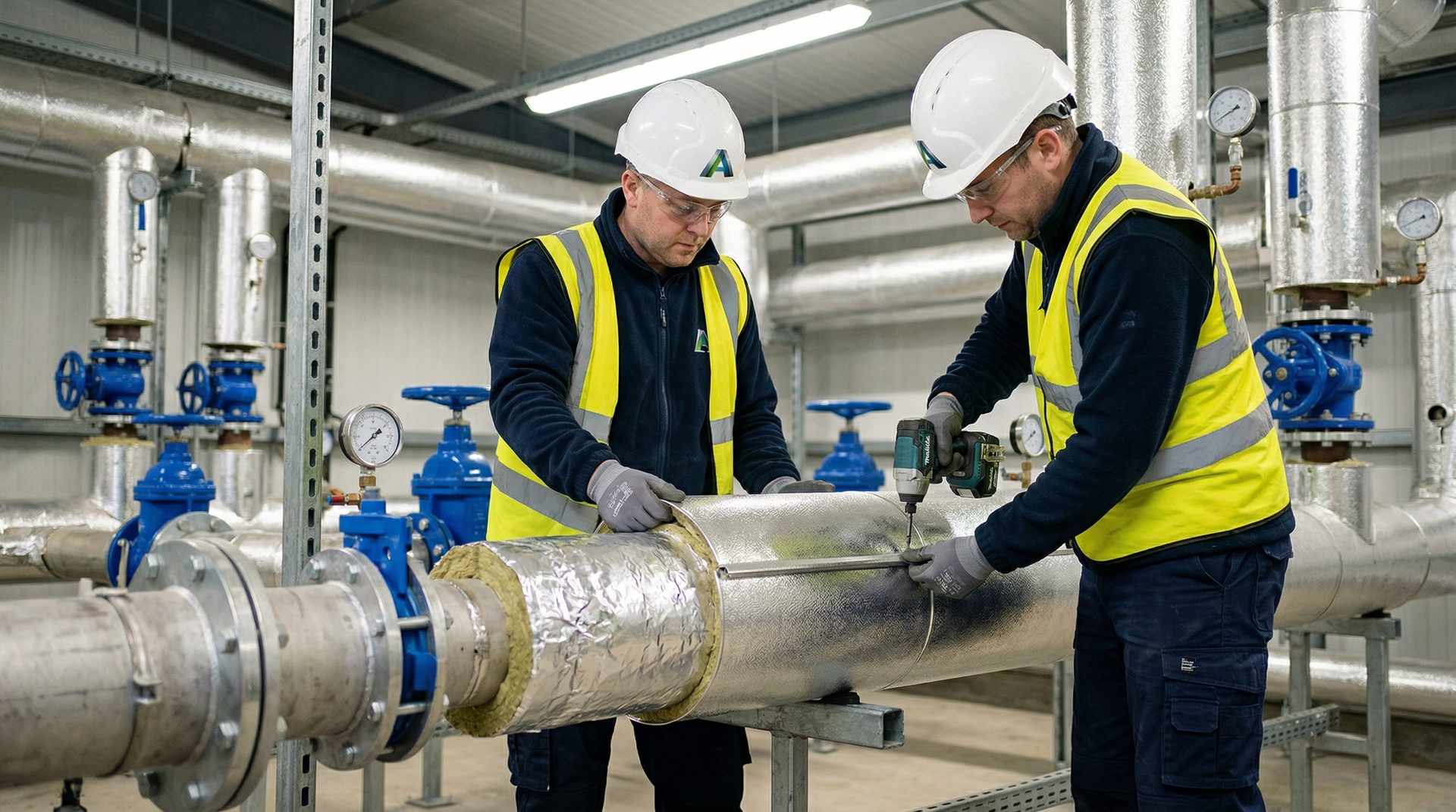 Insulation engineers working on pipework — labour-only thermal insulation subcontractors Dublin