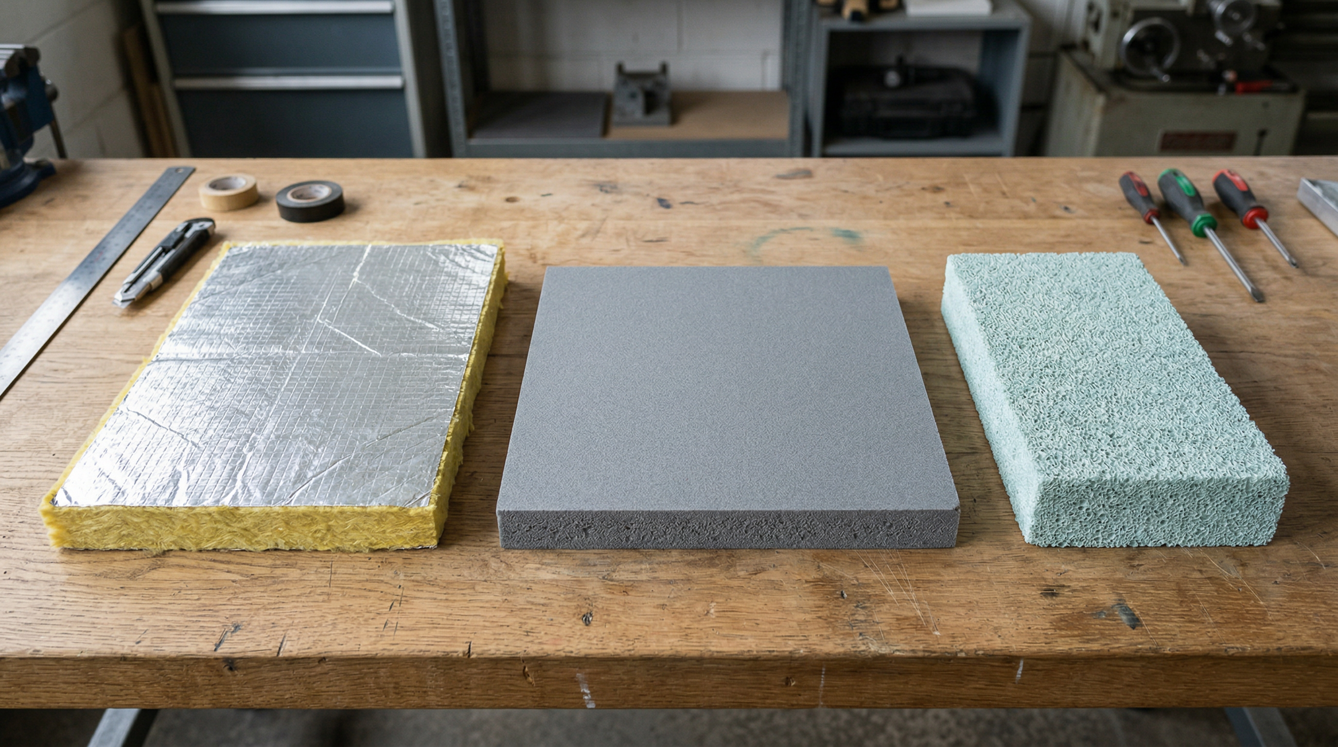 Close-up of industrial insulation material samples including mineral wool, phenolic foam, and cellular glass sections