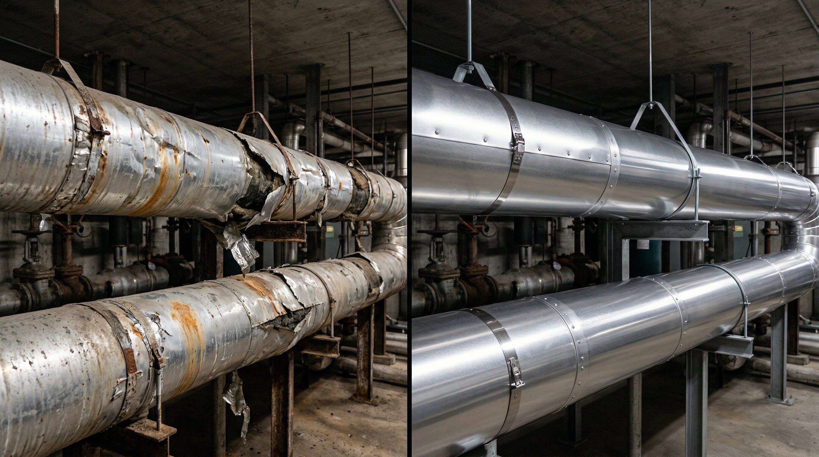 Comparison of poorly installed and properly installed pipe insulation on industrial pipework