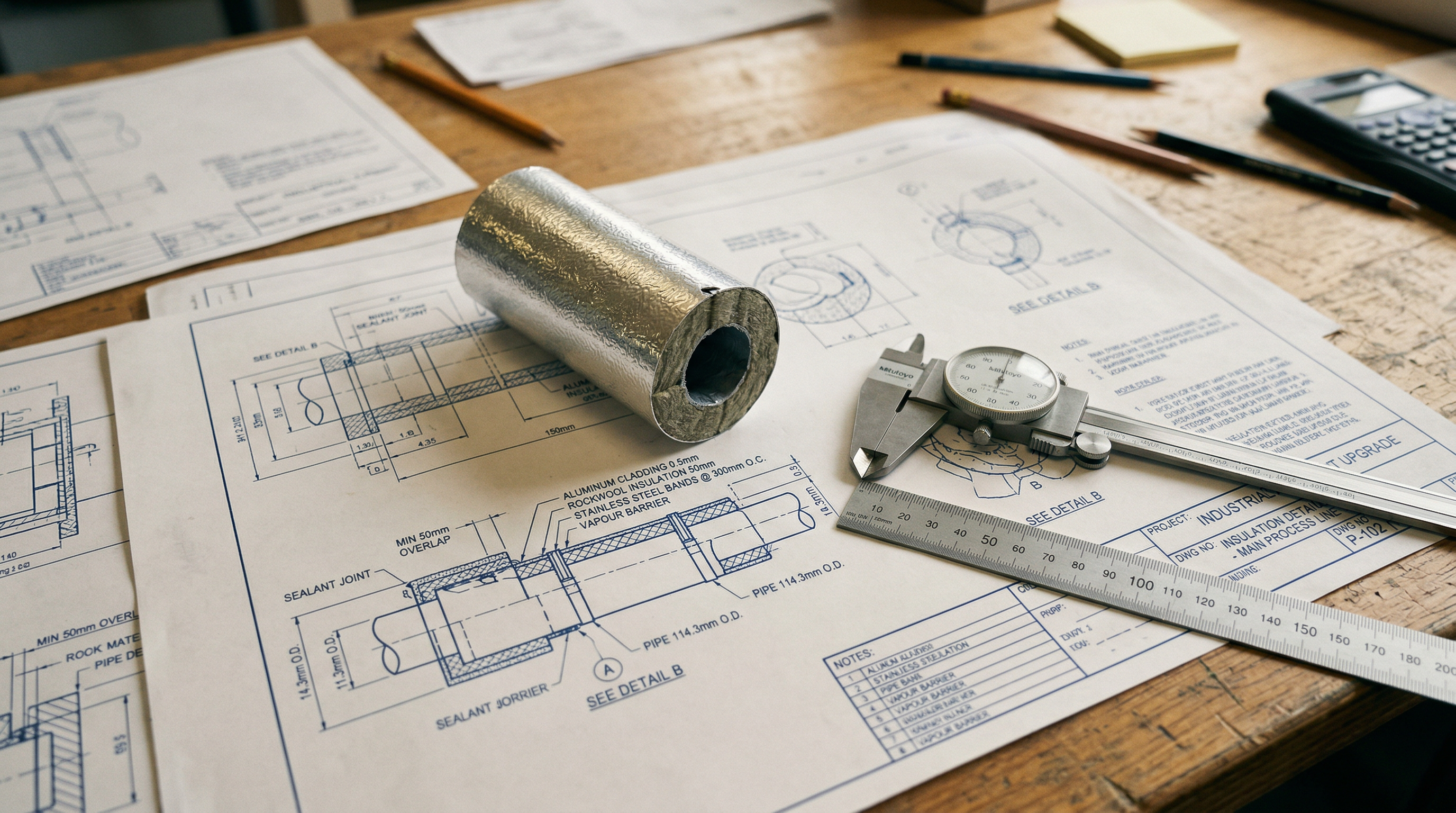 Insulation technical drawings and specifications laid out on a workshop table alongside aluminium cladding samples