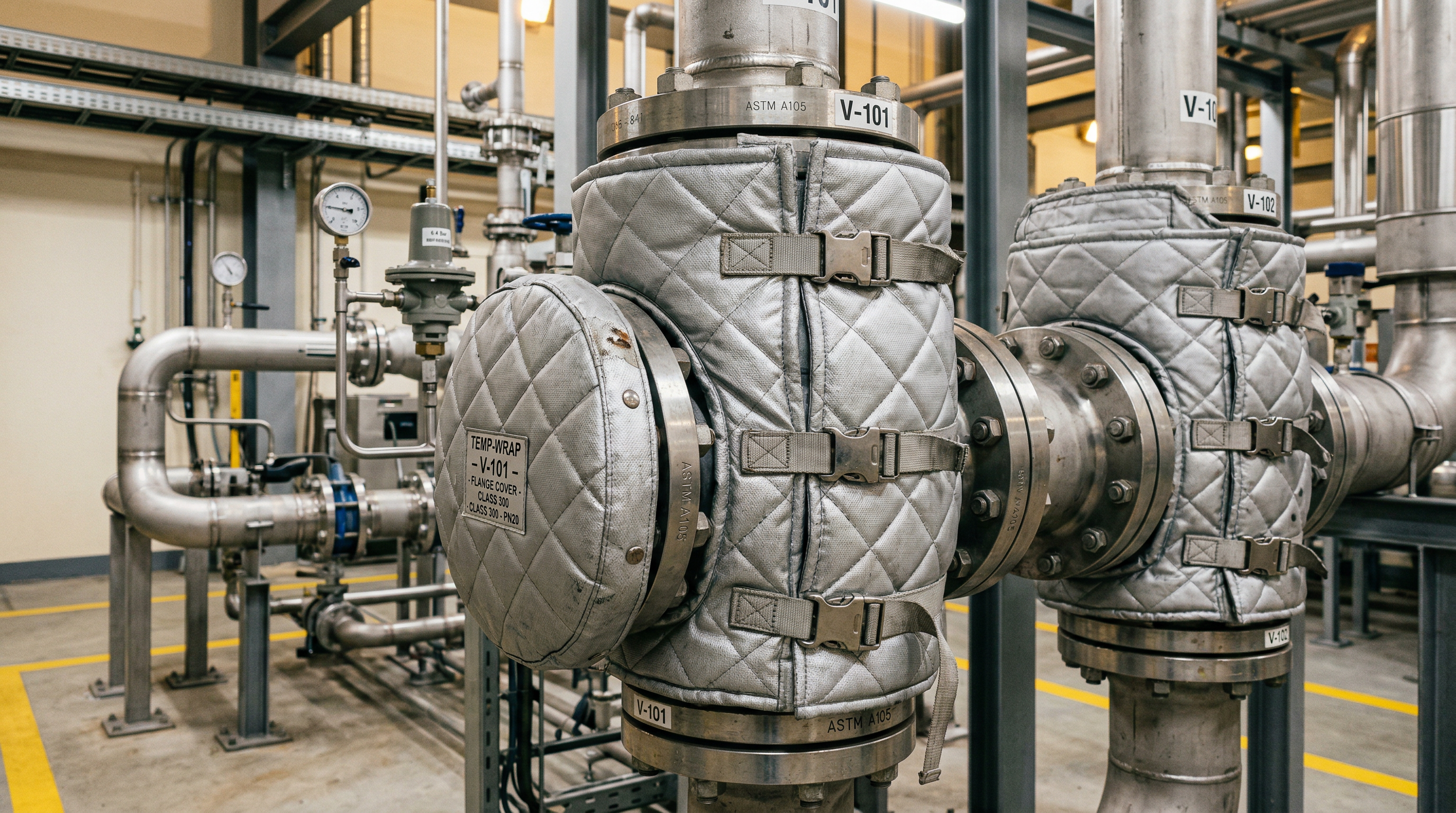 Removable insulation jackets fitted on industrial valves in a plant room